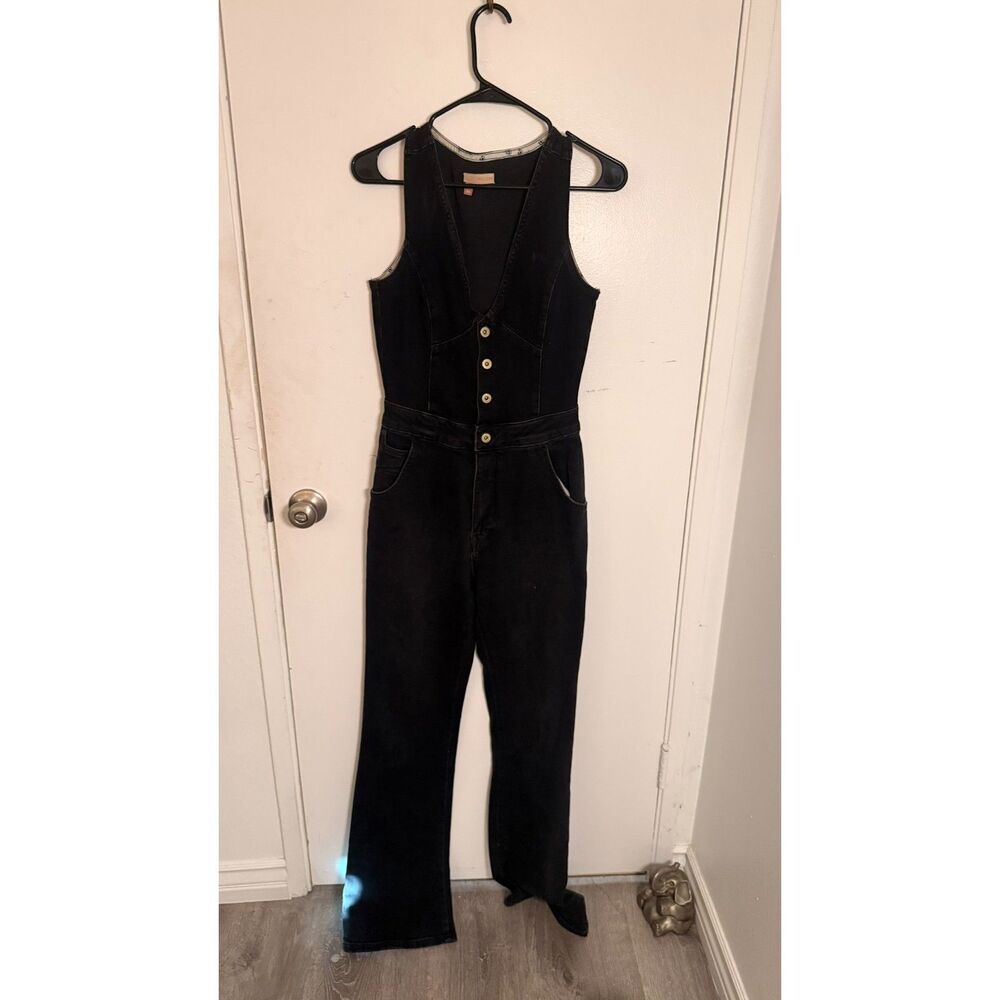 Pilcro Anthropologie Black Stretch Denim Button Front Vest Bootcut Jumpsuit 6
